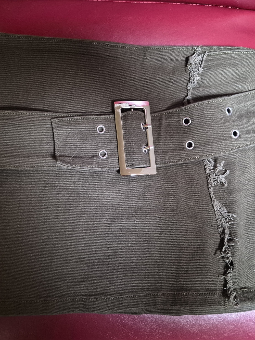 Olive Green Frayed Mini Skirt with Silver Buckle